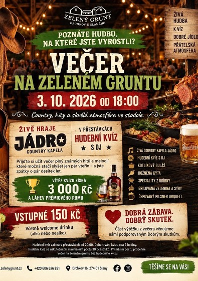 Plakát události Večer na Zeleném gruntu - country kapela Jádro + kvíz