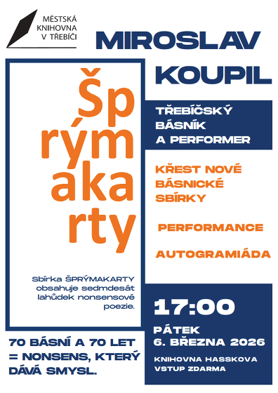 Plakát události ŠPRÝMAKARTY/ Křest nové básnické sbírky třebíčského básníka a performera Miroslava Koupila
