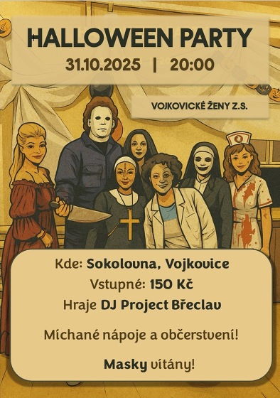 Plakát události HALLOWEEN PARTY  31.října 2025 ve 20h  sokolovna Vojkovice