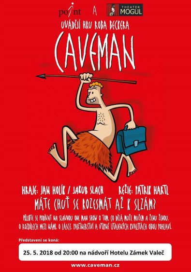 Plakát události CAVEMAN, divadelní hra na nádvoří Hotelu Zámek Valeč