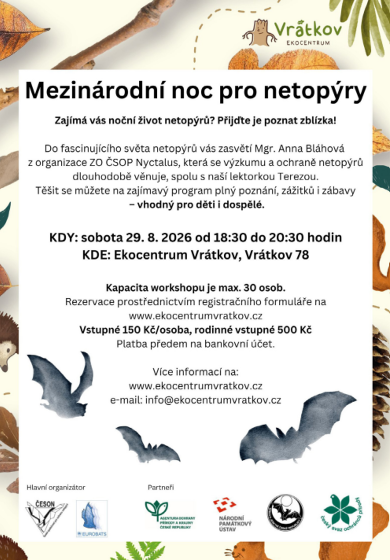 Plakát události Mezinárodní noc pro netopýry v Ekocentru Vrátkov