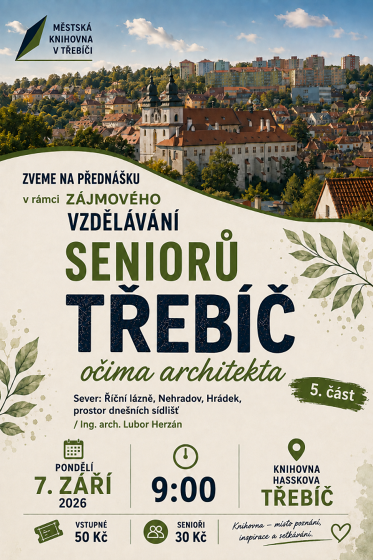 Plakát události Třebíč očima architekta. 5. část. Říční lázně, Nehradov, Hrádek / Ing. arch. Lubor Herzán