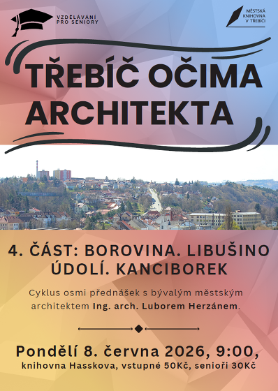 Plakát události Třebíč očima architekta. 4. část. Borovina, Libušino údolí, Kanciborek / Ing. arch. Lubor Herzán