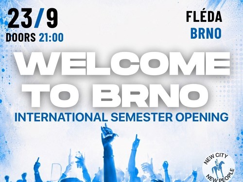Plakát události Welcome to Brno Erasmus semester opening x Fléda club Brno
