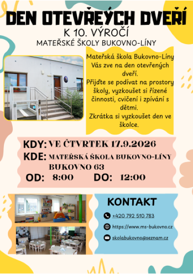 Plakát události Den otevřených dveří k 10. výročí Mateřské školy Bukovno-Líny