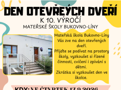 Plakát události Den otevřených dveří k 10. výročí Mateřské školy Bukovno-Líny