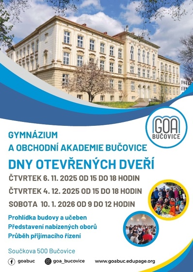 Plakát události Dny otevřených dveří Gymnázium a OA Bučovice
