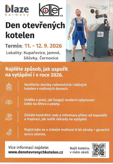 Plakát události Den otevřených kotelen - Přijďte v Jamném u Tišnova zjistit, jak na výměnu kotle