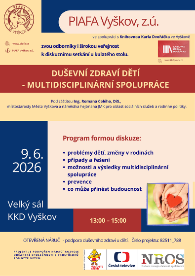 Plakát události PIAFA Vyškov – Duševní zdraví dětí a multidisciplinární spolupráce – kulatý stůl – diskuse