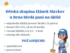 Elánek pro rodinu, z.s. nabízí práci na pozici Paní na úklid školky v obci Slavkov u Brna