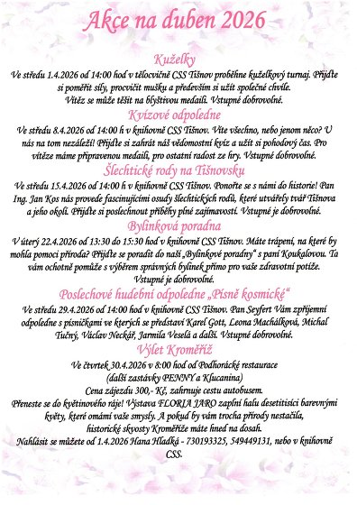 Plakát události Akce centrum sociálních služeb Tišnov duben