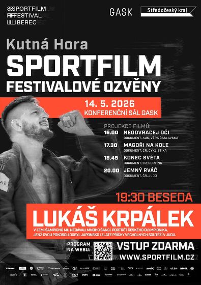 Plakát události OZVĚNY Sportfilm Festivalu Liberec s Lukášem Krpálkem 14.5. Galerie GASK