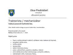 Obec Předklášteří nabízí práci na pozici Traktorista / mechanizátor - Vedoucí pracovník technické čety v obci Předklášteří