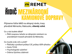 REMET spol. s r.o. nabízí práci na pozici Řidič mezinárodní kamionové dopravy v obci Brno