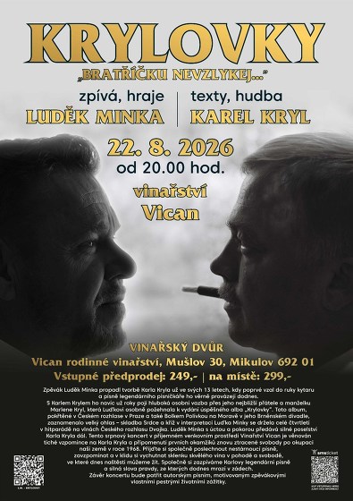 Plakát události KRYLOVKY ve vinařství Vican. Zpívá a hraje LUDĚK MINKA