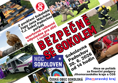 Plakát události Bezpečně se Sokolem - Noc sokoloven v Padochově na sokolovně