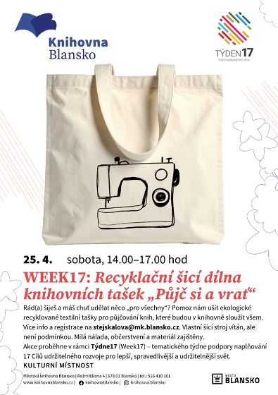 Plakát události WEEK17: Recyklační šicí dílna knihovních tašek „Půjč si a vrať“