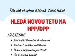 Dětská skupina Elánek nabízí práci na pozici Vychovatelka v dětské skupině v obci Velká Bíteš