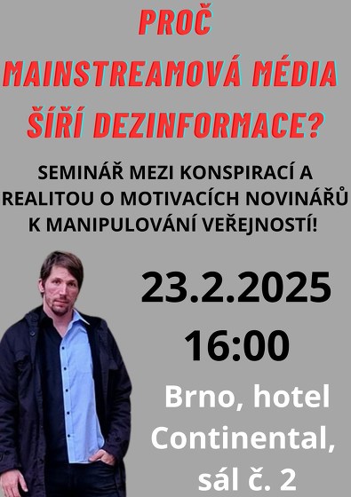 Plakát události Proč mainstreamová média šíří dezinformace, Brno