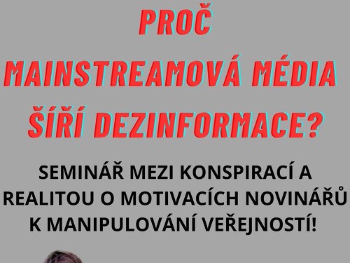 Plakát události Proč mainstreamová média šíří dezinformace, Brno
