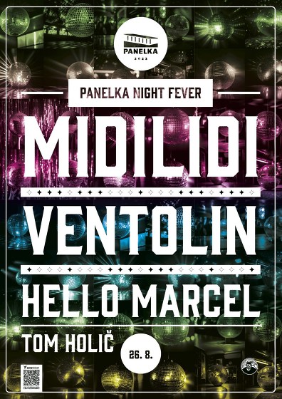 Plakát události Panelka Night Fever s disko koulí v pozadí