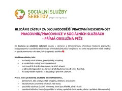 Sociální služby Šebetov, p.o. nabízí práci na pozici Pracovník v sociální službách - přímá obslužná péče v obci Šebetov