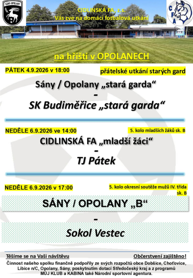 Plakát události Domácí fotbalová utkání na hřistí v Opolanech