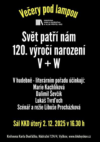 Plakát události Večery pod lampou: Svět patří nám, 120. výročí narození V+W