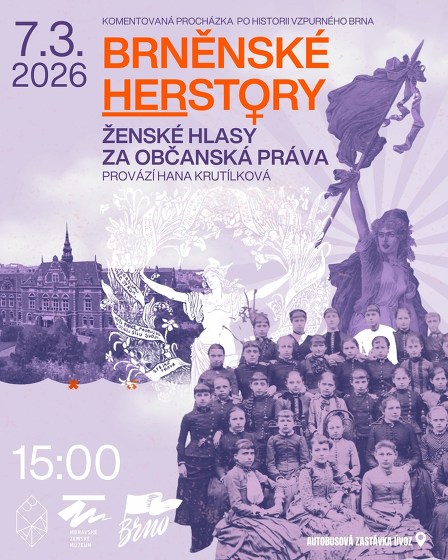 Plakát události Brněnské HERstory. Komentovaná prohlídka k MDŽ