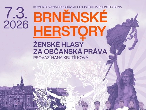 Plakát události Brněnské HERstory. Komentovaná prohlídka k MDŽ