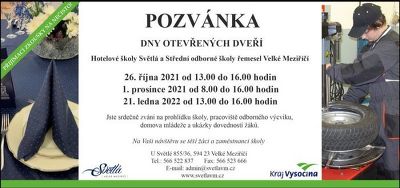 Plakát události Den otevřených dveří Hotelové školy Světlá a SOŠŘ Velké Meziříčí