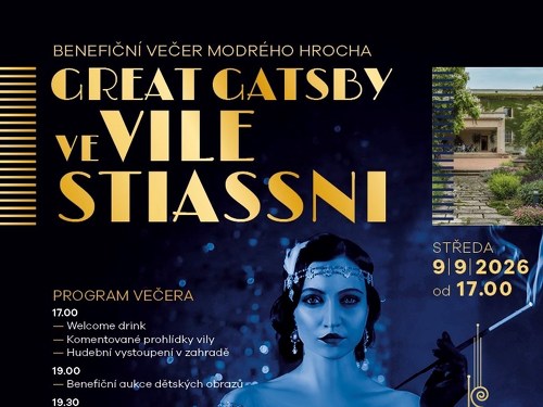Plakát události Benefiční večer Modrého hrocha Great Gatsby ve Vile Stiassni