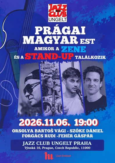 Plakát události PRÁGAI MAGYAR EST Amikor a ZENE és a STAND-UP találkozik!