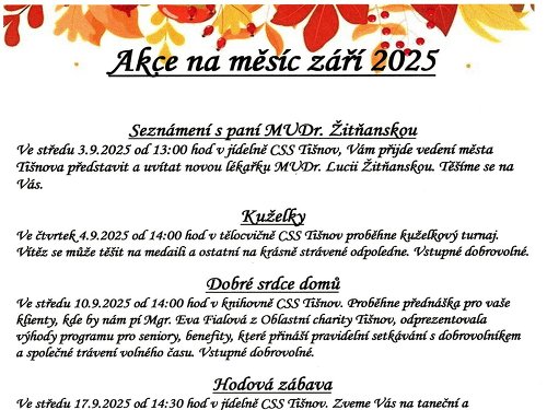Plakát události Tišnovské Akce pro Seniory na měsíc září 2025