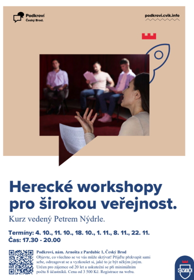 Plakát události Herecké workshopy pro veřejnost vedené Petrem Nýdrle v Českém Brodě
