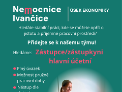 Nemocnice Ivančice, příspěvková organizace nabízí práci na pozici Zástupce/zástupkyně hlavní účetní v obci Ivančice