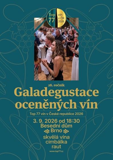Plakát události Galadegustace 28. ročníku soutěže Top 77 vín v ČR 2026