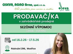 OSEVA, AGRO Brno, spol. s r.o. nabízí práci na pozici Prodavač/ka - Výpomoc do zahrádkářské prodejny (únor - květen) v obci Modřice