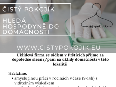 Čistý pokojík nabízí práci na pozici Hospodyně do domácností Ořechov a okolí v obci Ořechov