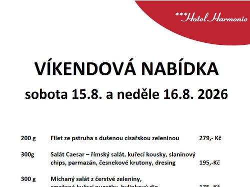 Plakát události Víkendová nabídka 15.8. - 16.8.2026