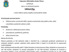 Město Tišnov nabízí práci na pozici Uklízeč/ka prostor Městského úřadu Tišnov v obci Tišnov