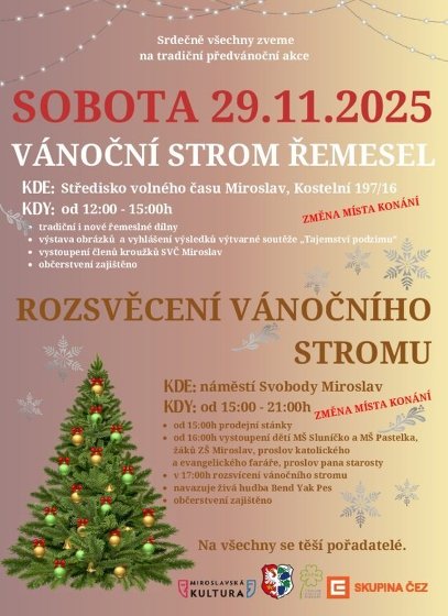 Plakát události Vánoční strom řemesel a zahájení adventu v Miroslavi