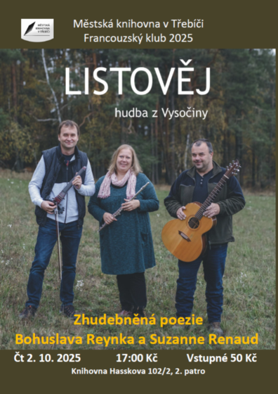 Plakát události Francouzský klub 2025 / Listověj: Zhudebněná poezie Bohuslava Reynka a Suzanne Renaud