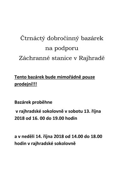 Plakát události Čtrnáctý dobročinný bazárek na podporu Záchranné stanice v Rajhradě