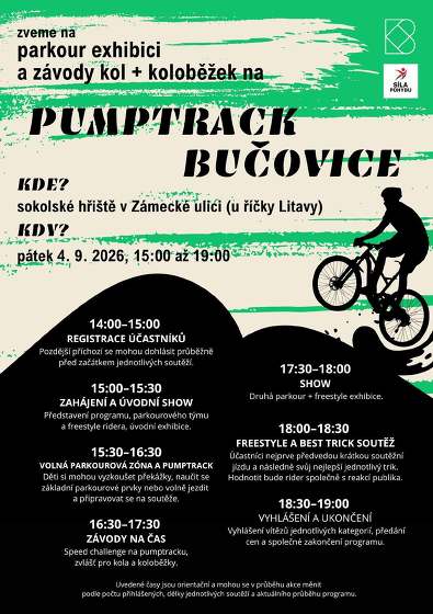 Plakát události Parkour exhibice a závody kol a koloběžek Bučovice
