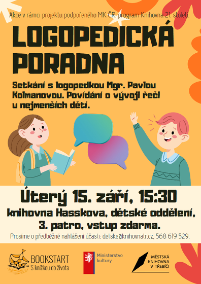 Plakát události Bookstart – S knížkou do života / Logopedická poradna / Mgr. Pavla Kolmanová
