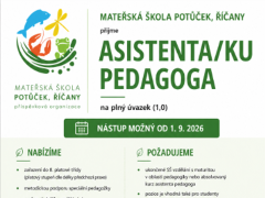 Mateřská škola Potůček, Říčany, p. o. nabízí práci na pozici Asistent pedagoga v obci Říčany
