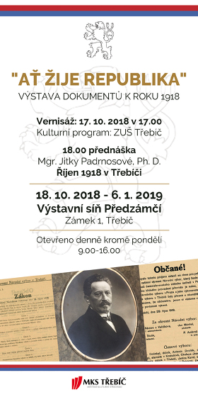 Plakát události „Ať žije republika“ - Výstava dokumentů k roku 1918