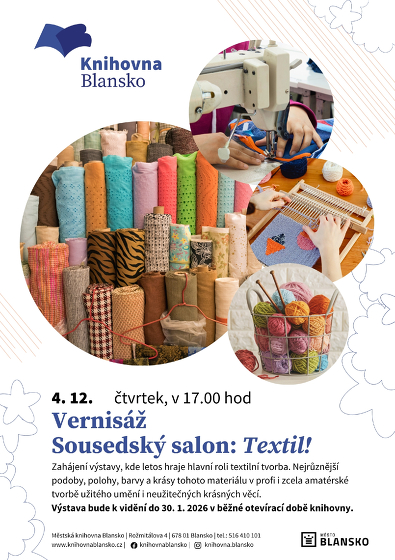 Plakát události Vernisáž – Sousedský salon: Textil!