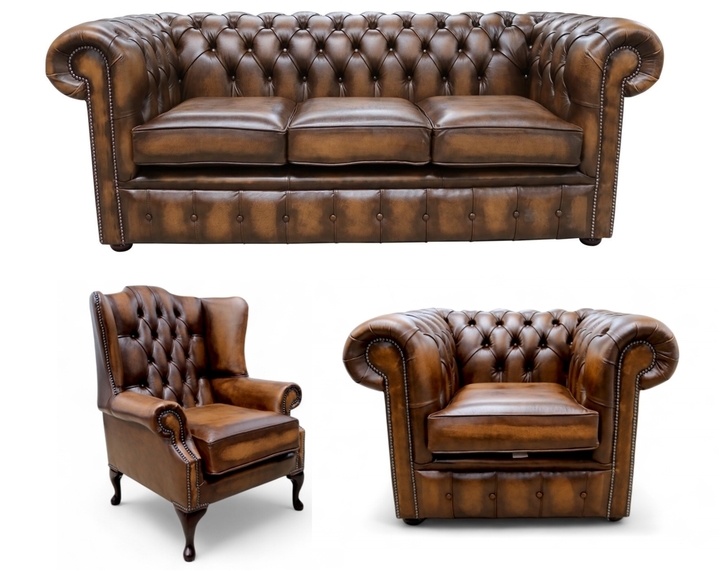 Kožená pohovka Chesterfield pro 3 osoby + křeslo Mallory + klubové křeslo v nabídkě starožitně hnědé barvy